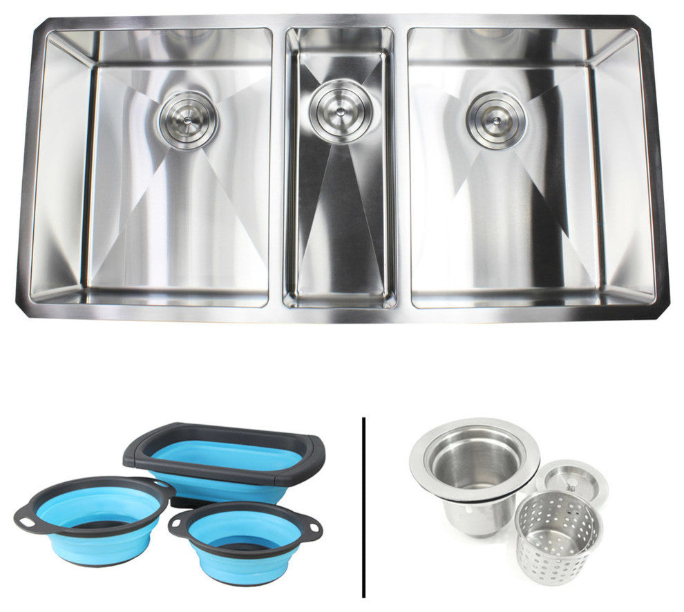 42" Undermount Stainless Steel Triple Bowl Kitchen Sink With Silicone Colanders