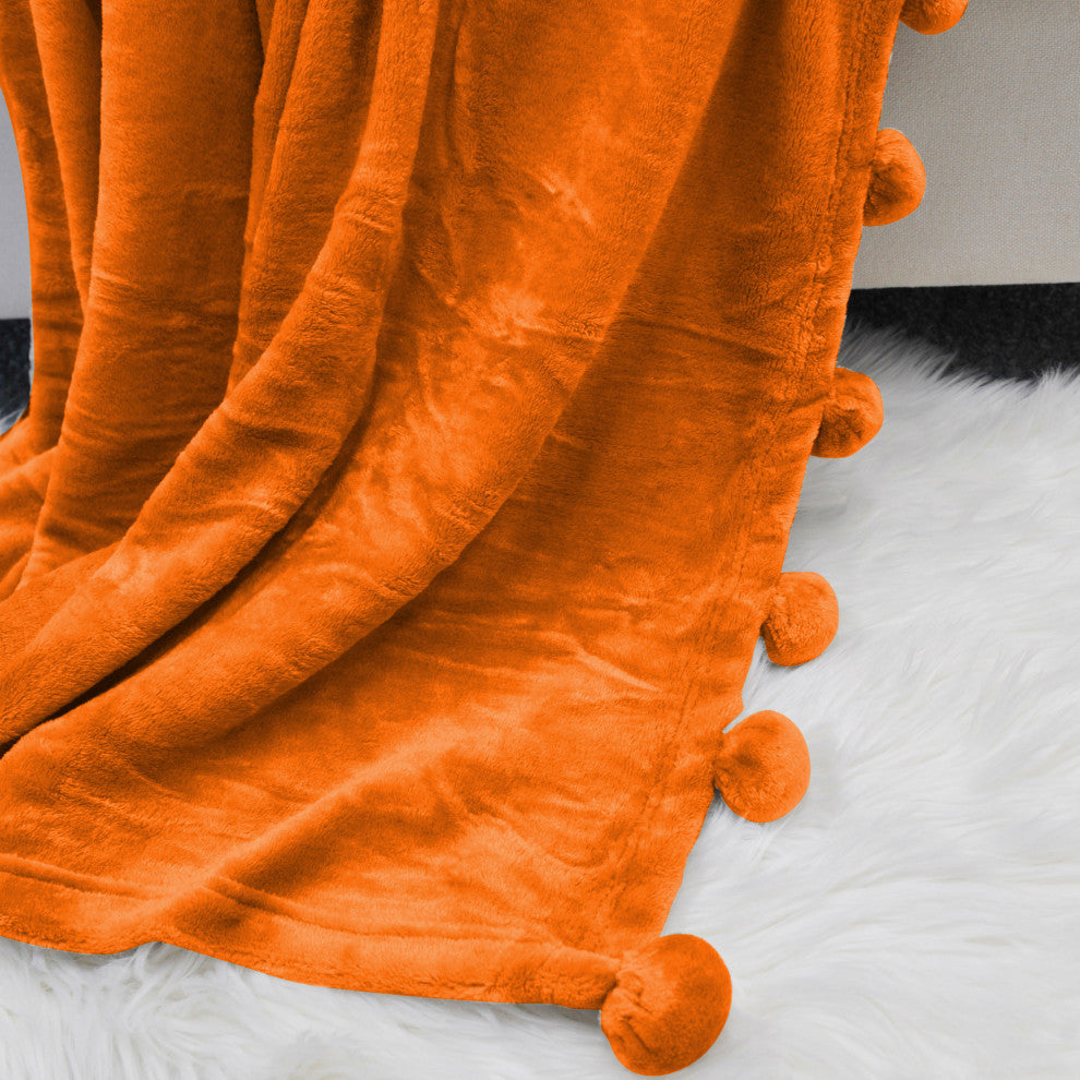 Pom Pom Flannel Fleece Throw Blanket, Burnt Orange, 50" X 60"