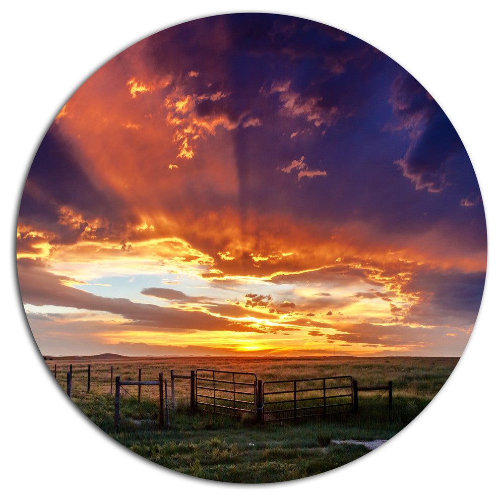 Dramatic Sunset Over Prairie, Landscape Round Metal Wall Art, 23"