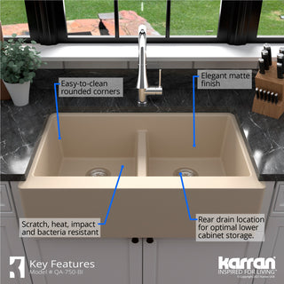 Karran Farmhouse Apron Front Quartz 34" Double Bowl Kitchen Sink, Bisque