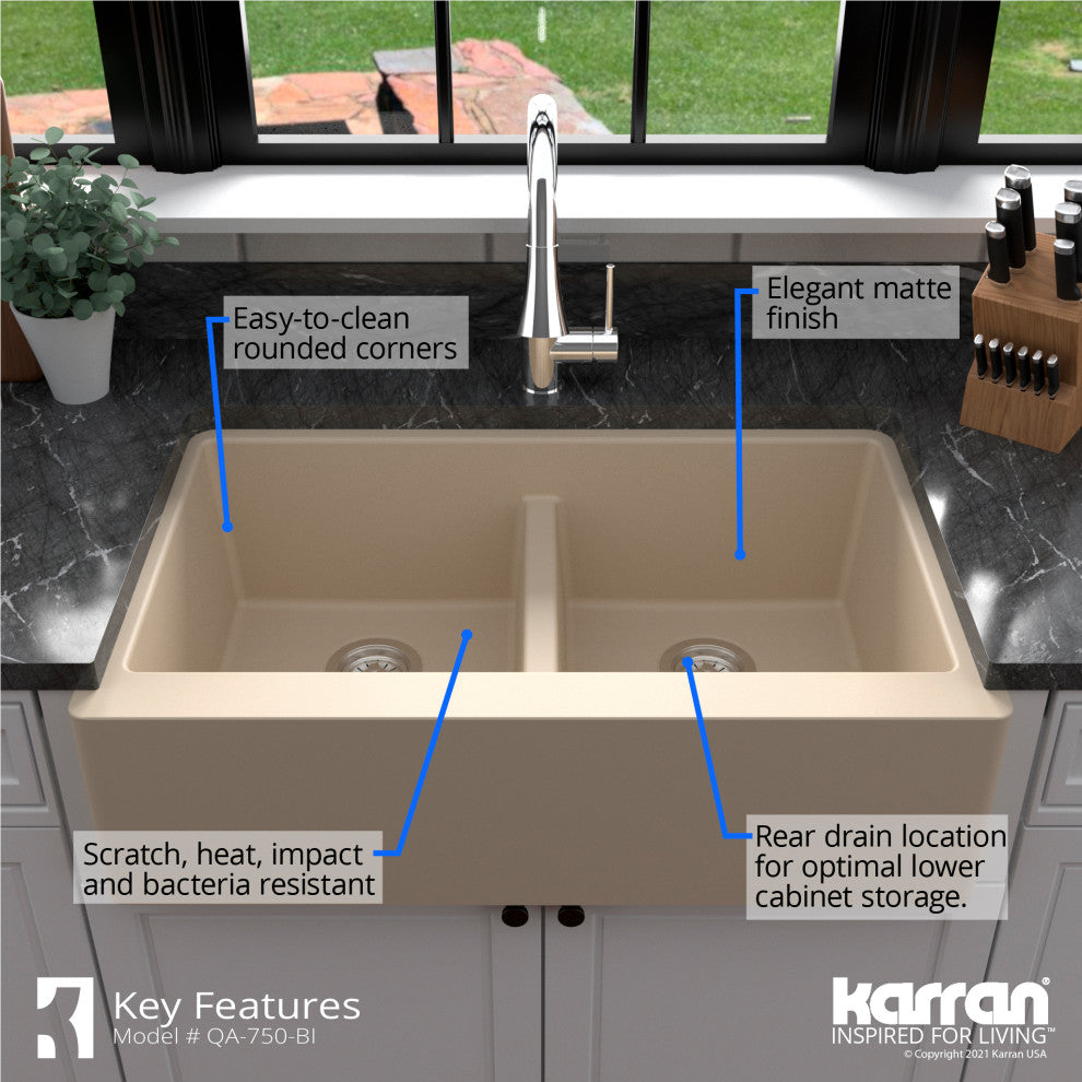 Karran Farmhouse Apron Front Quartz 34" Double Bowl Kitchen Sink, Bisque