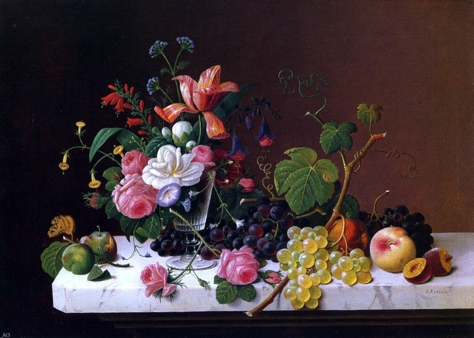 Severin Roesen Fruit and Flowers on a Marble Table Ledge Wall Decal