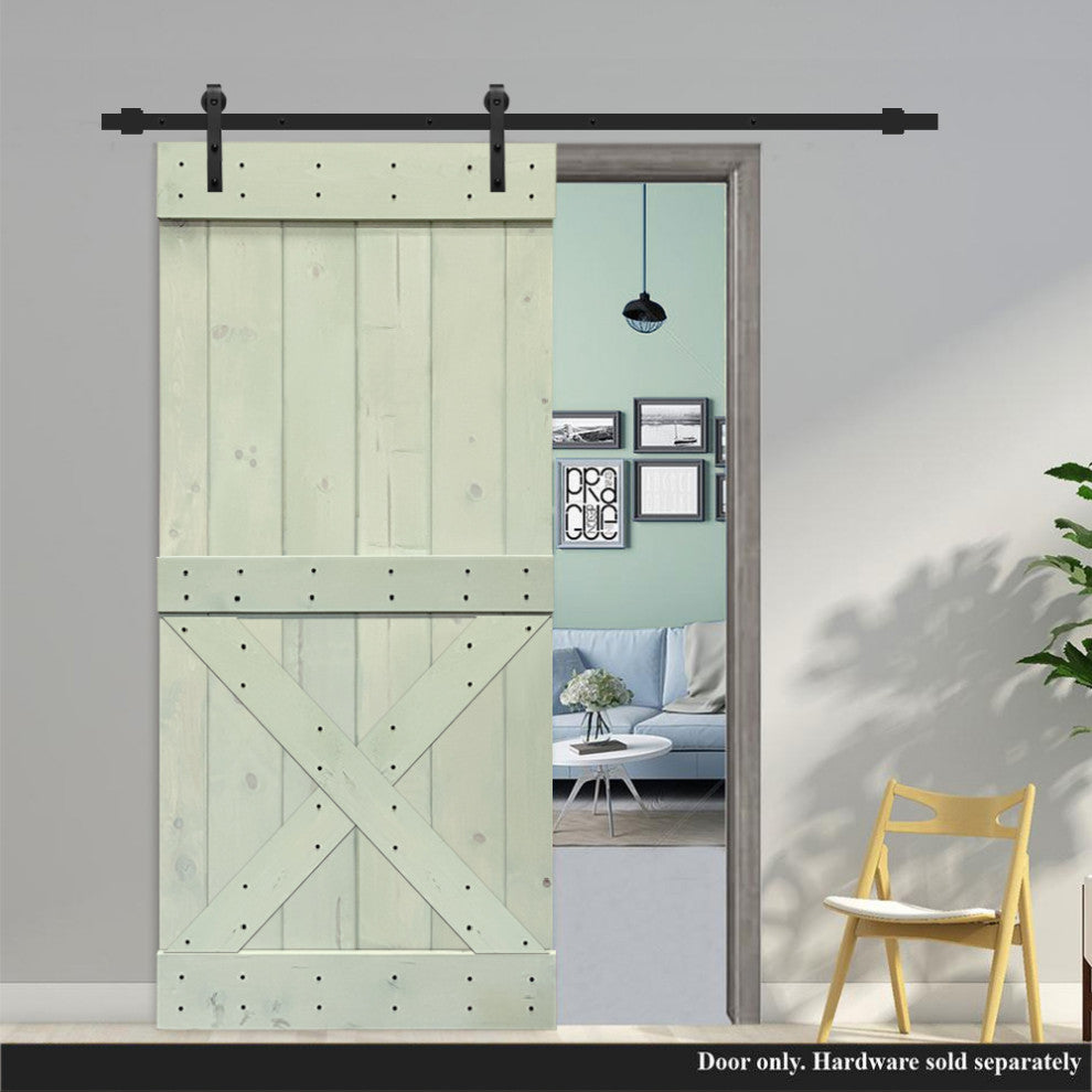 Stained Solid Pine Wood Sliding Barn Door, Sage Green, 36"x84", Mini X