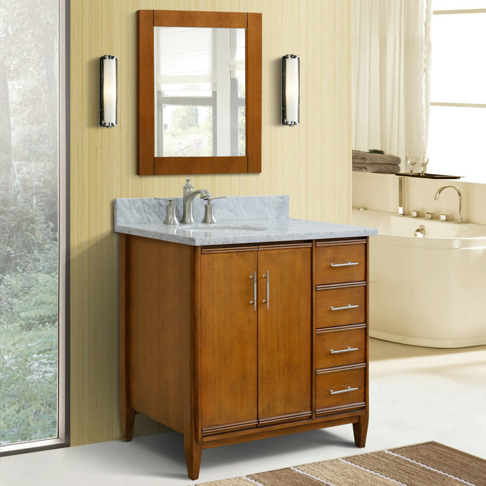 37" Single Vanity, Walnut Finish With White Carrara