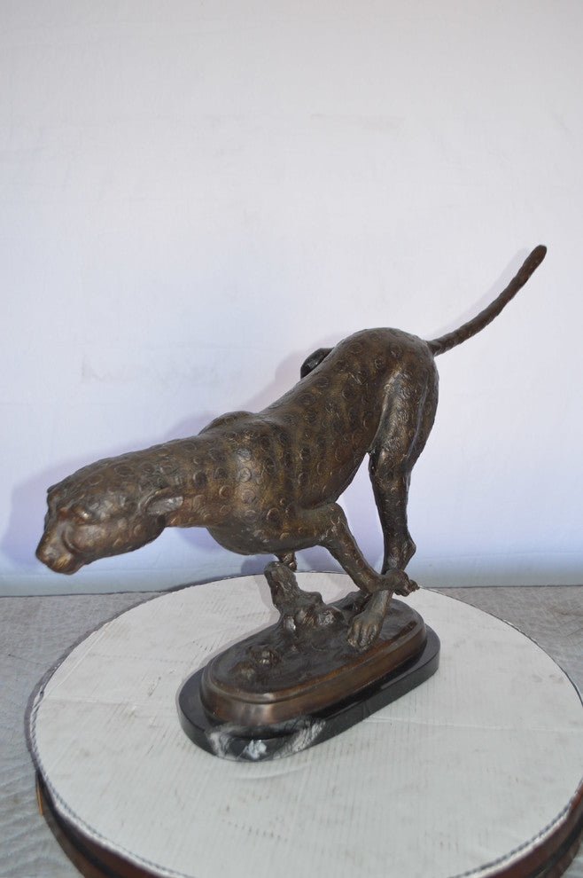 Cheetah Running Bronze Statue on a Marble Base -  Size: 30"L x 9"W x 19"H.