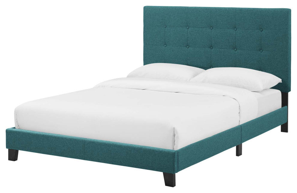 Contemporary Modern Bedroom Twin Size Platform Bed Frame, Fabric, Aqua Blue