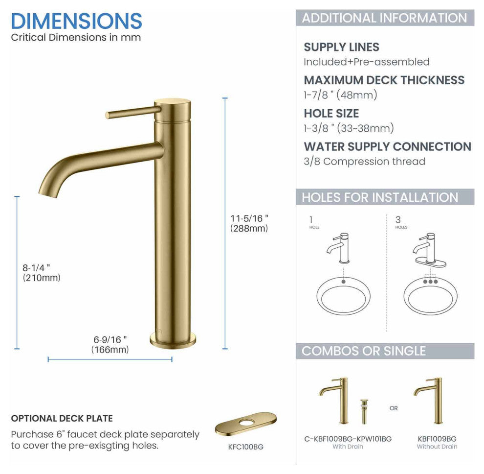 Circular Brass Single Handle Bathroom Faucet KBF1009, Brush Gold, With Drain