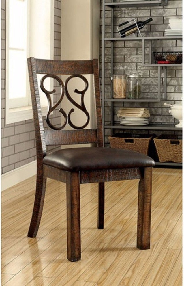Benzara BM166220 Wooden Armless Side Chair Leather Seat, Walnut Brown, Set of 2