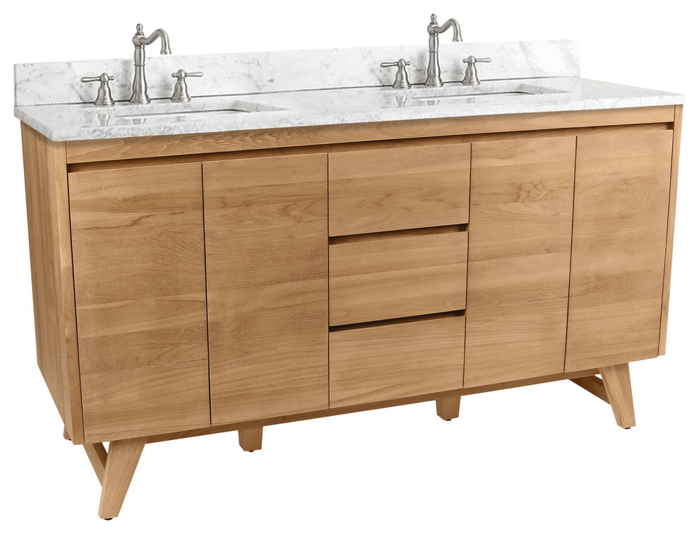 Avanity Coventry 61" Bath Vanity Combo, Natural Teak Finish, Carrara White Marble Top