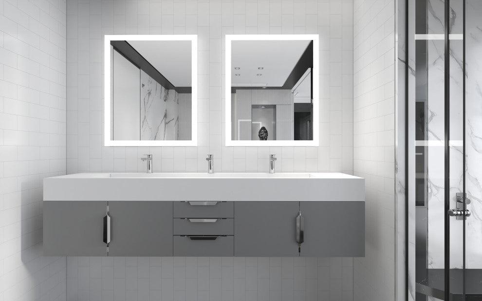 CastelloUSA Nile 84" Wall Mounted Bathroom Vanity Set, Gray, White Top, Chrome Handles