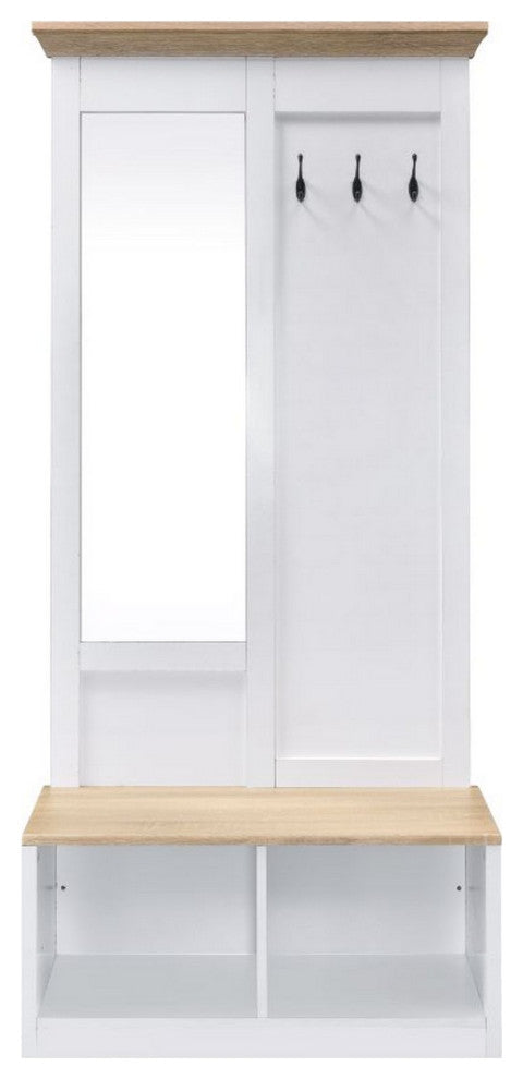 Benzara BM251205 Hall Tree With Body Length Mirror & Bench Seat, White/Brown
