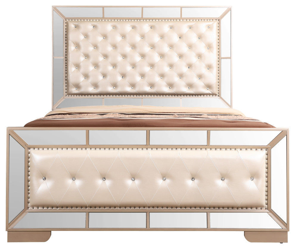Galera Tufted and Mirrored Bed, Pearl, Full