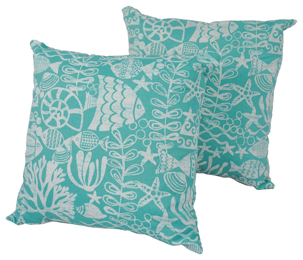 17" Outdoor Throw Pillows, Set of 2, Under the Sea Teal