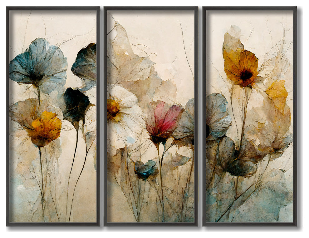 Dry Flower Bouquet Framed 3-Piece Wall Art Set by Treechild, 12"x24", Framed
