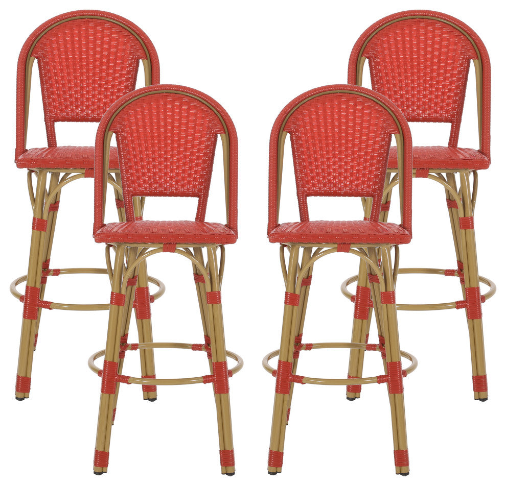Cotterell Outdoor French Wicker and Aluminum 29.5" Barstools, Set of 4, Red/Bamboo Finish