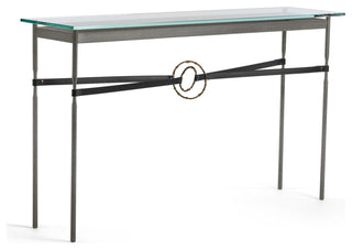 Equus Console Table, Natural Iron Finish - Bronze Accents - Black Leather Strap