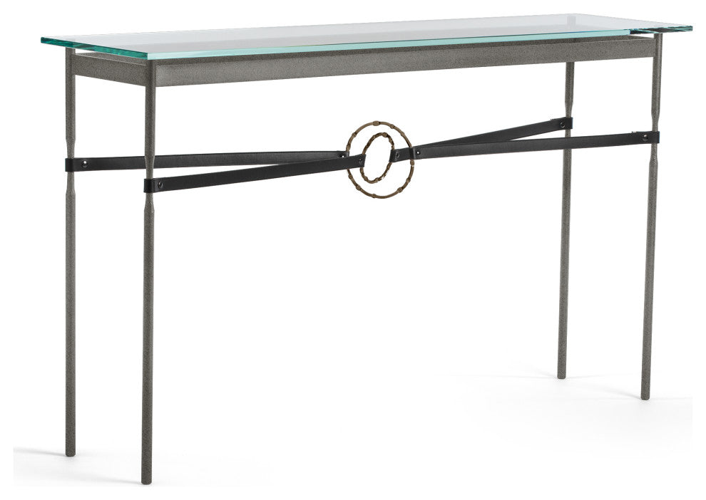 Equus Console Table, Natural Iron Finish - Bronze Accents - Black Leather Strap