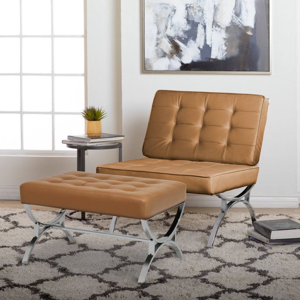 Newel Modern Square Ottoman Blended Leather and Chrome Metal Frame Caramel