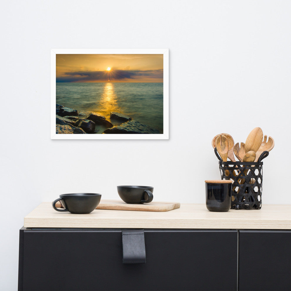 Sun Ray on the Water Coastal Landscape Framed Photo Paper Wall Art Print, Red Oak, 12" X 16"