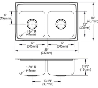 LR29185 Lustertone Classic Stainless Steel 29" x 18" Double Bowl Drop-in Sink