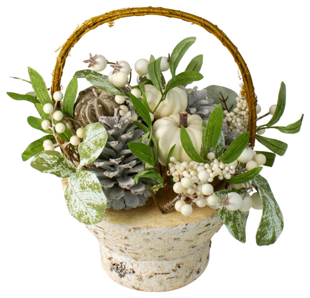13" Pumpkin Berries and Leaves Artificial Fall Harvest Twig Basket