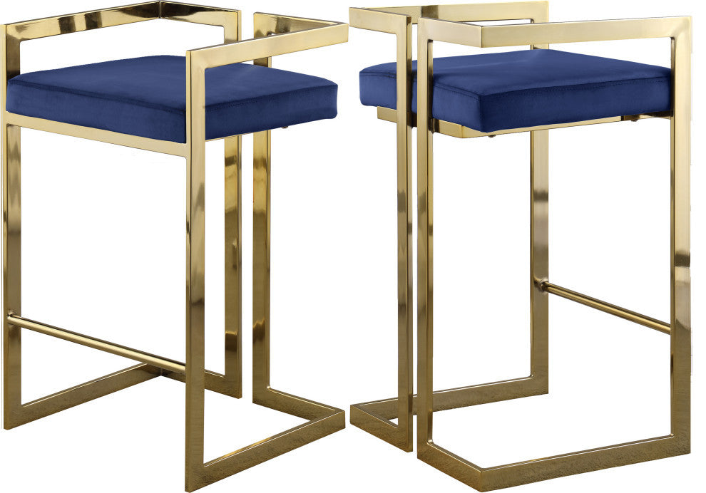 Ezra Counter Stool, Set of 2, Navy Velvet, Gold Base