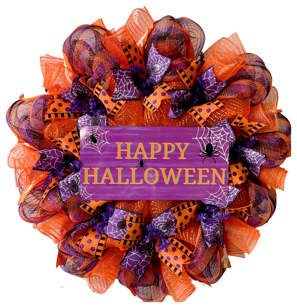 Happy Halloween Handmade Purple and Orange Deco Mesh Wreath