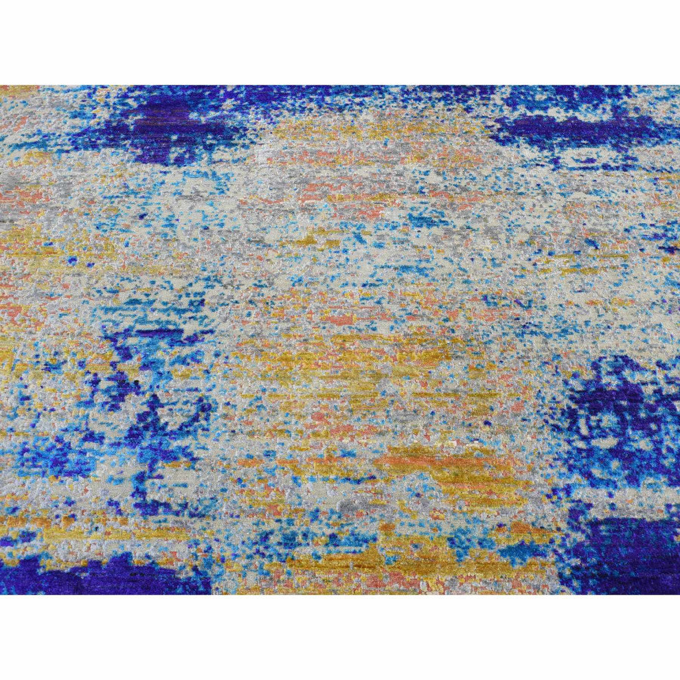 Gold Color, Silk With Wool, Abstract Design, Hand Knotted Rug, 7'10"x10'