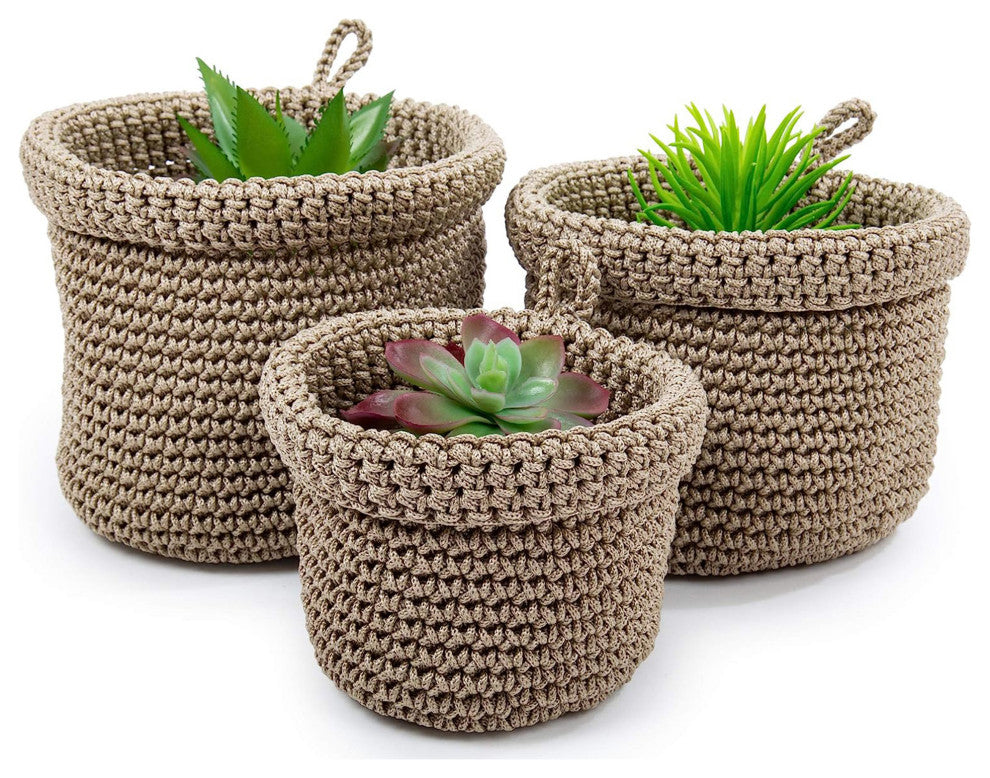 Set of 3 Woven Fabric Planter Basket, 5 x 4 inches, Beige
