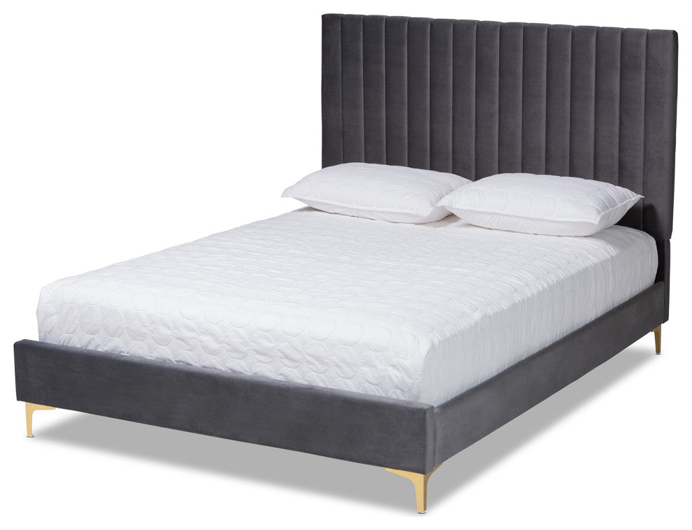 Denica Glam and Luxe Upholstered Platform Bed, Gray/Gold, Queen
