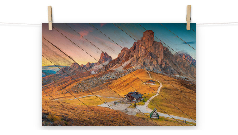 Faux Wood Majestic Sunset & Alpine Mountain Landscape Photo Wall Art Print, 12" X 18"