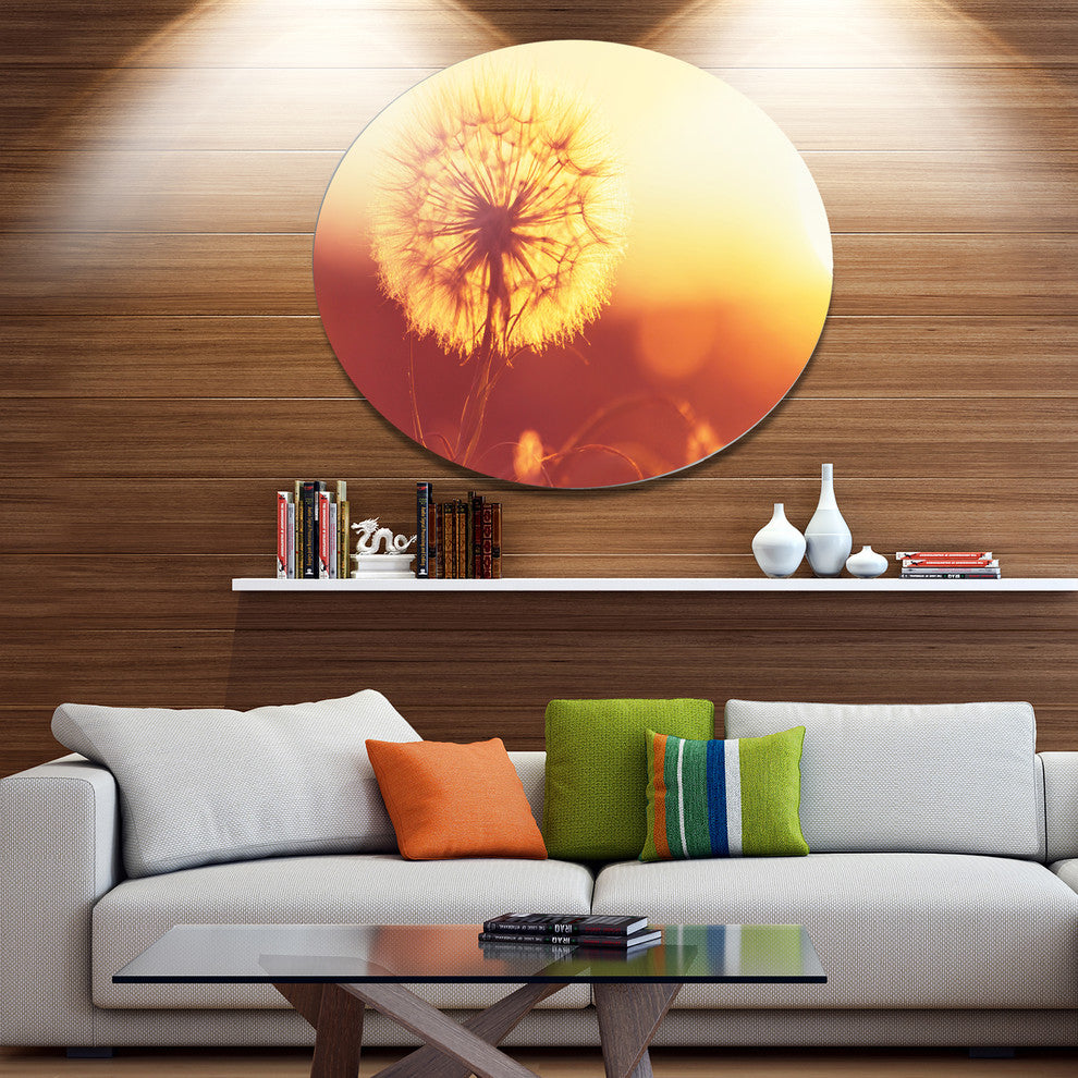 Blossom Dandelion Flower On Brown, Flower Round Metal Wall Art, 11"