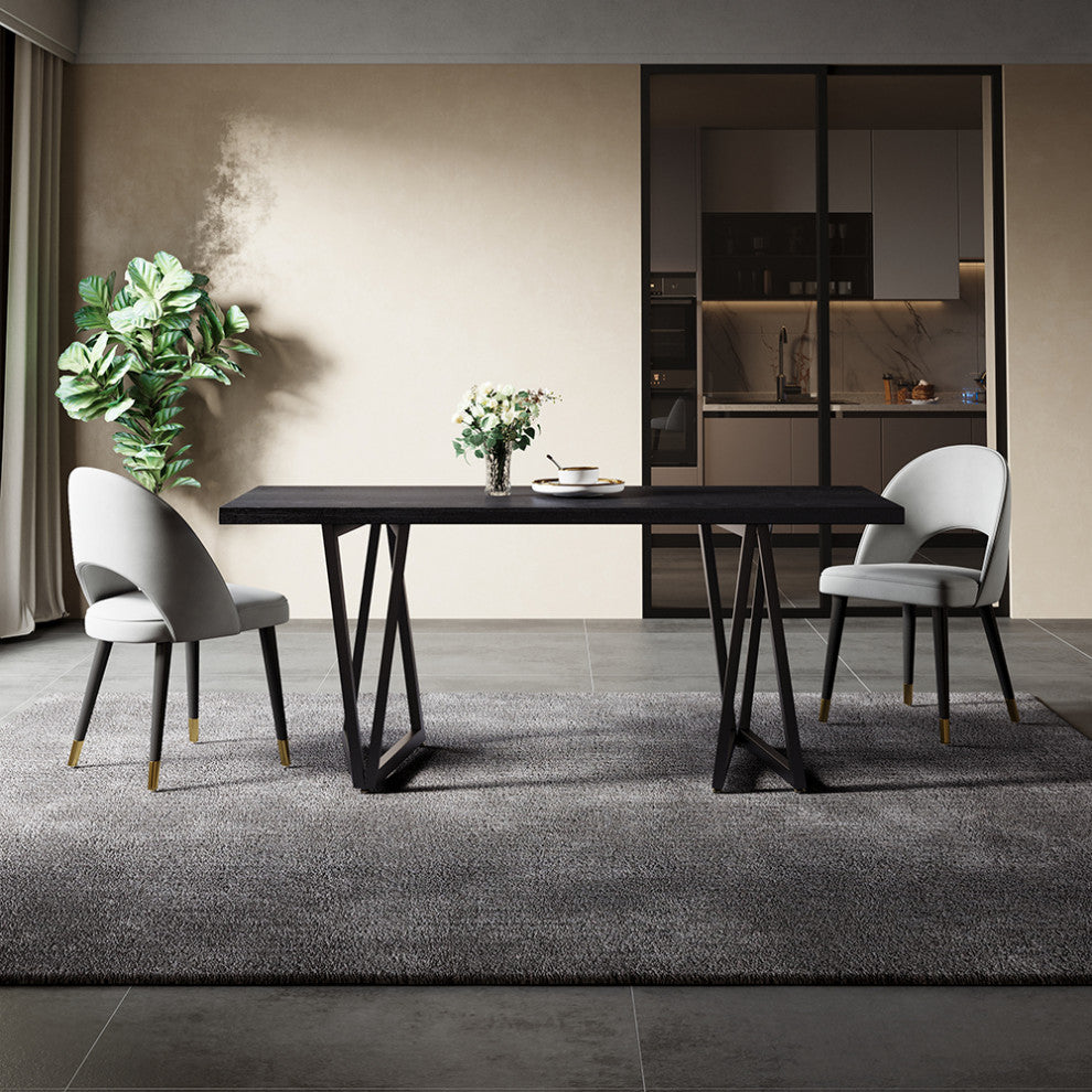 63" Rectangular Dining Table Black Solid Wood Table Top Square Metal Base, Black