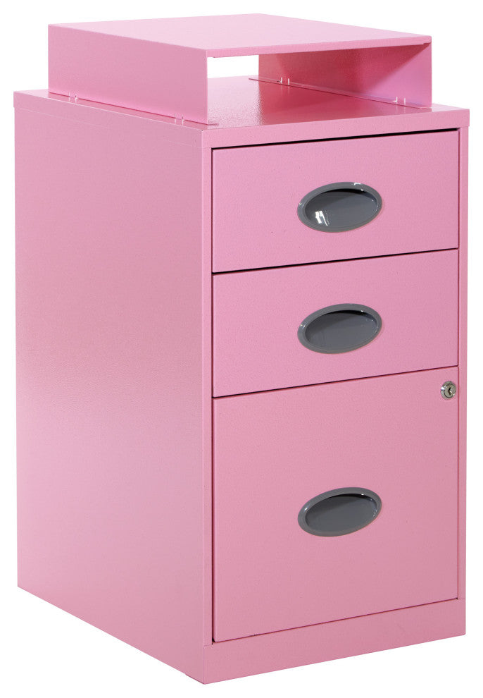 3 Drawer Locking Metal File Cabinet With Top Shelf, Pink