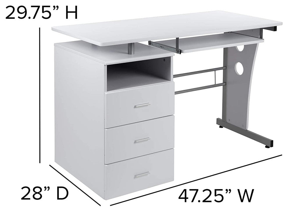 Modern White Desk with Three Drawer Pedestal and Pull-Out Keyboard Tray