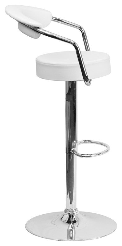 Contemporary White Vinyl Adjustable Barstool With Arms and Chrome Base
