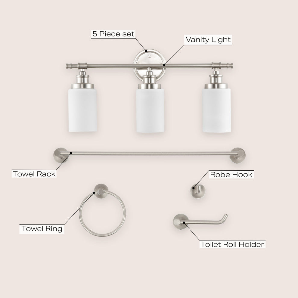 3-Light Classic Vanity, Frosted Glass Shades, Bathroom Hardware Set, 5-Piece