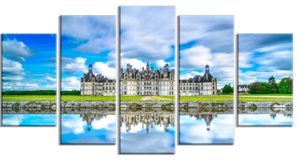 "Chateau De Chambord Castle in Blue" Landscape Wall Art Print, 5 Panels, 60"x32"