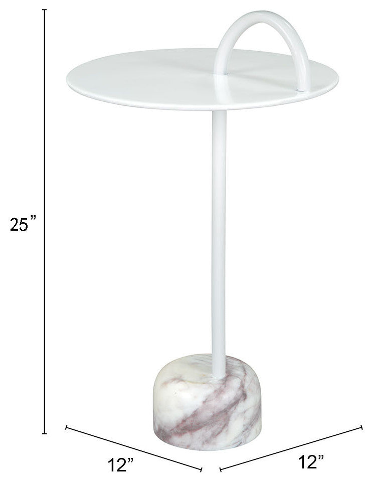 Sofa Side Table, Round, Artificial Marble, Iron Metal, White, Hospitality
