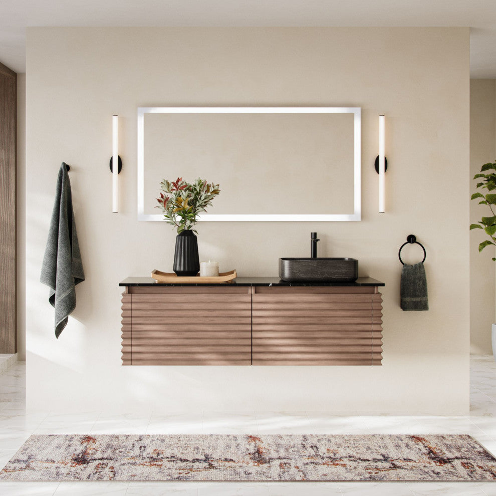 The Accordion Bathroom Vanity, Chestnut Oak, 60", Right Single Sink, Wall Mounted