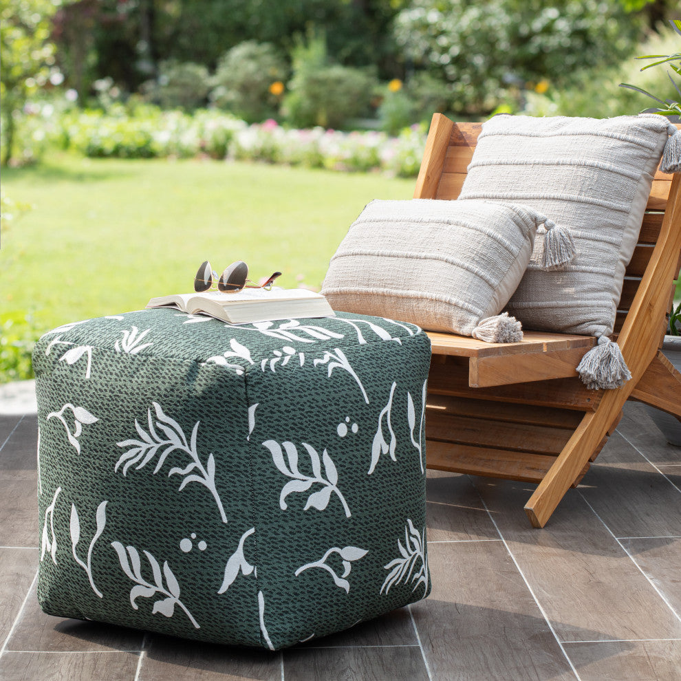 Frangipani Green 18" x 18" x 18" Green and Ivory Pouf