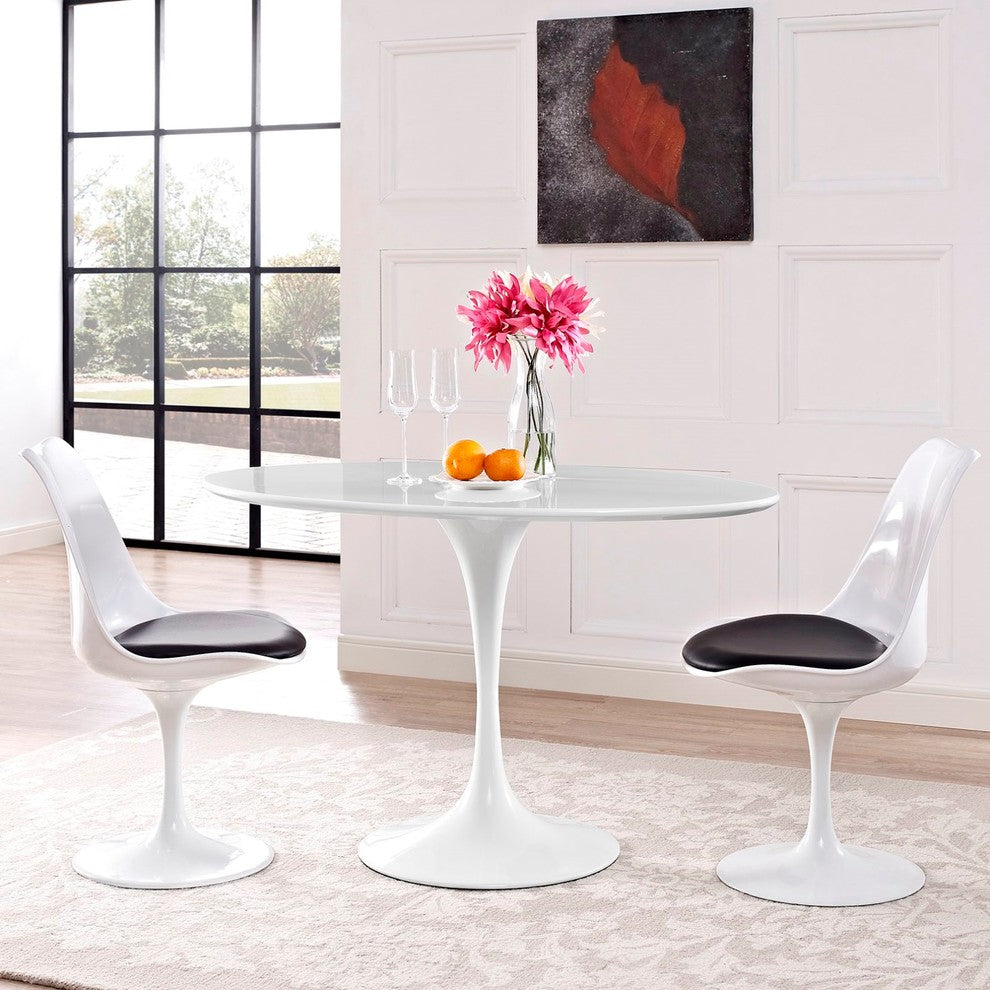 Modern Contemporary Urban Mid Century Oval Top Dining Table, White, Metal Wood