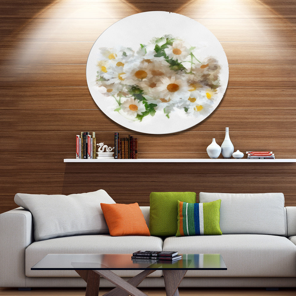 Bunch Of White Chamomiles Watercolor, Flower Disc Metal Wall Art, 23"