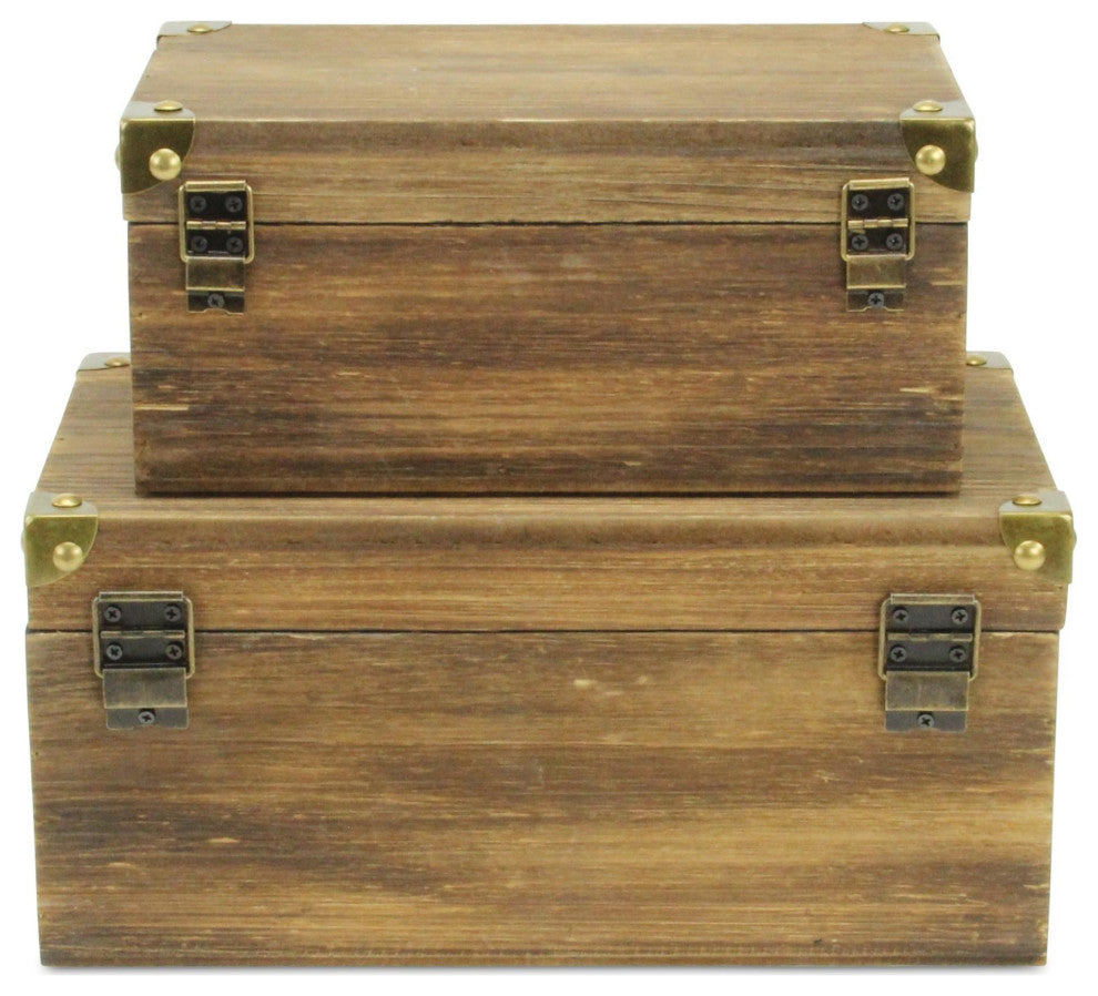 Set of 2 Brown Wood Box With Bronze Corner Accent