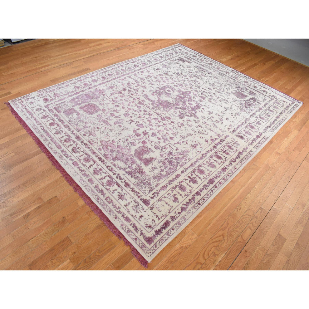Ivory Wool and Silk Handmade Broken and Erased Persian Design Rug 9'2"x12'1"