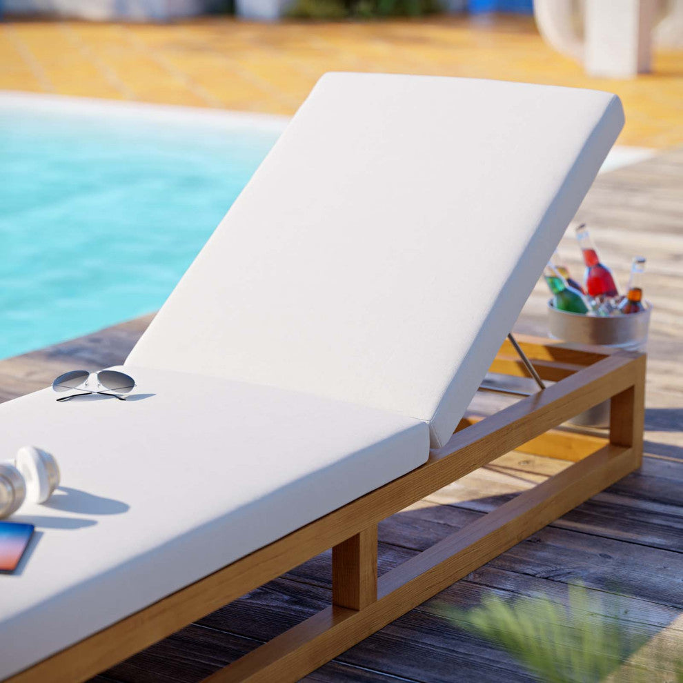 Lounge Chair Chaise, Wood, Brown Natural White, Modern, Outdoor Patio Bistro