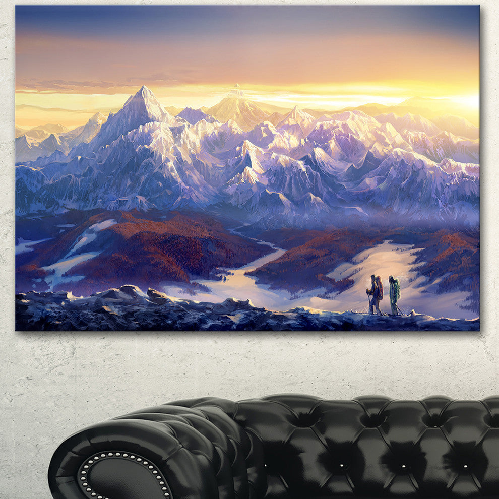 Winter Mountains with Tourists, Landscape Canvas Wall Art, 40"x30"
