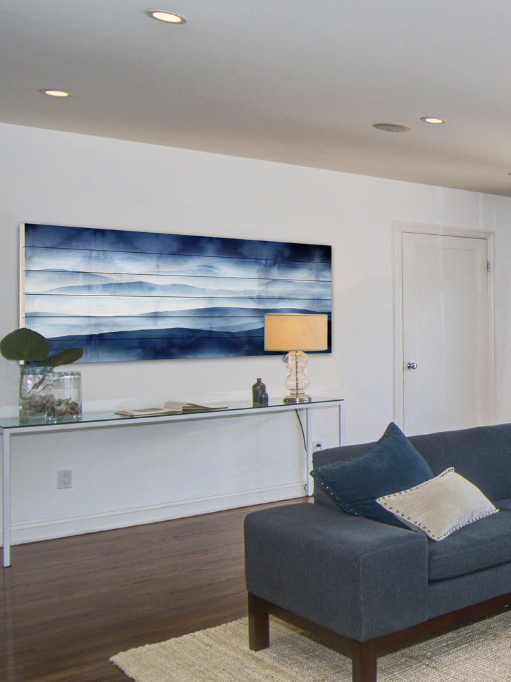 "Blue Mountains" Print on White Wood, 60"x20"