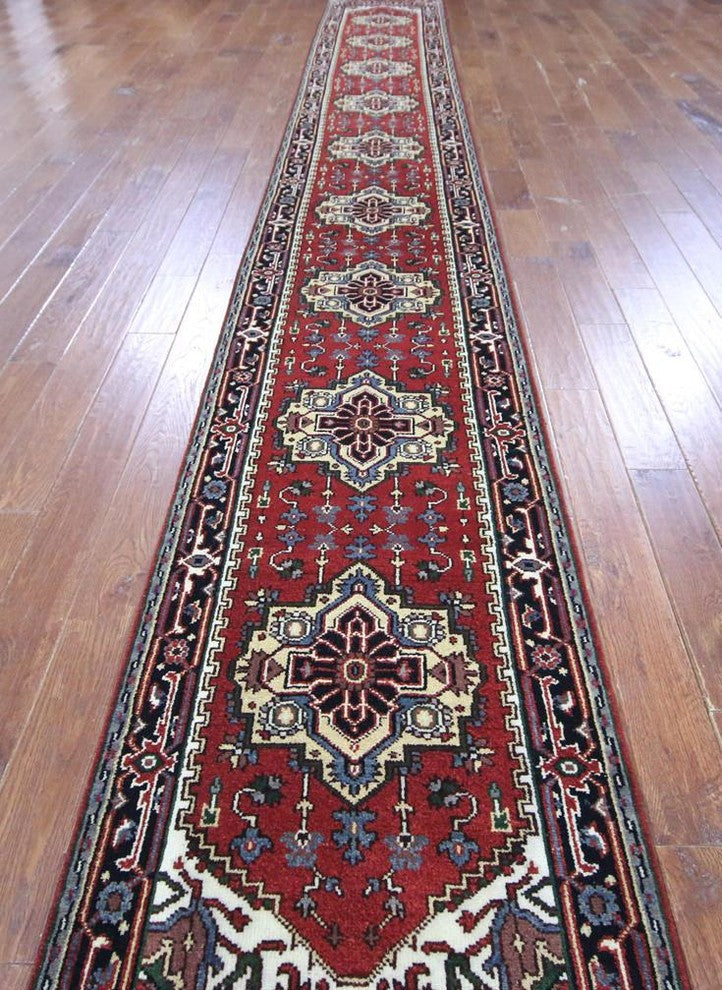 Heriz Serapi Red and Black Hand-Knotted Wool Rug, 3'x20'