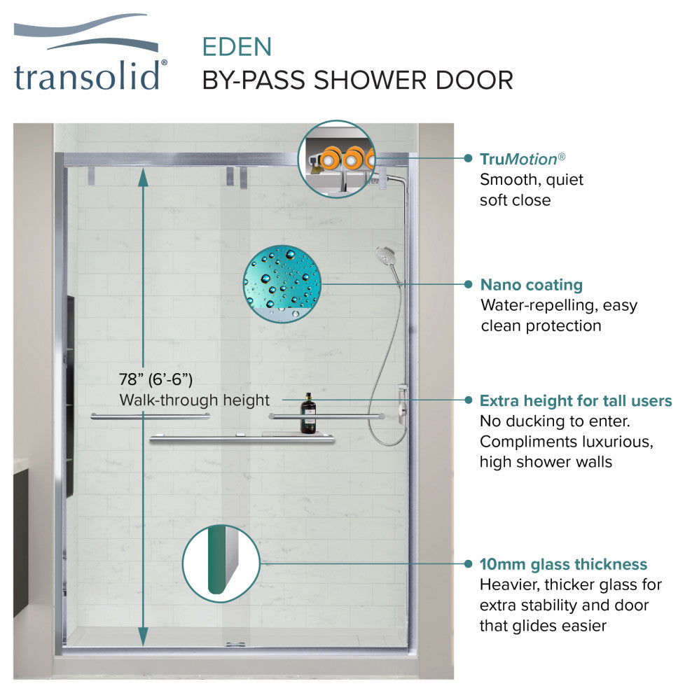 Eden 56-60" W x 80" H Shower Door, Iron Glass, Brushed Stainless, Justin